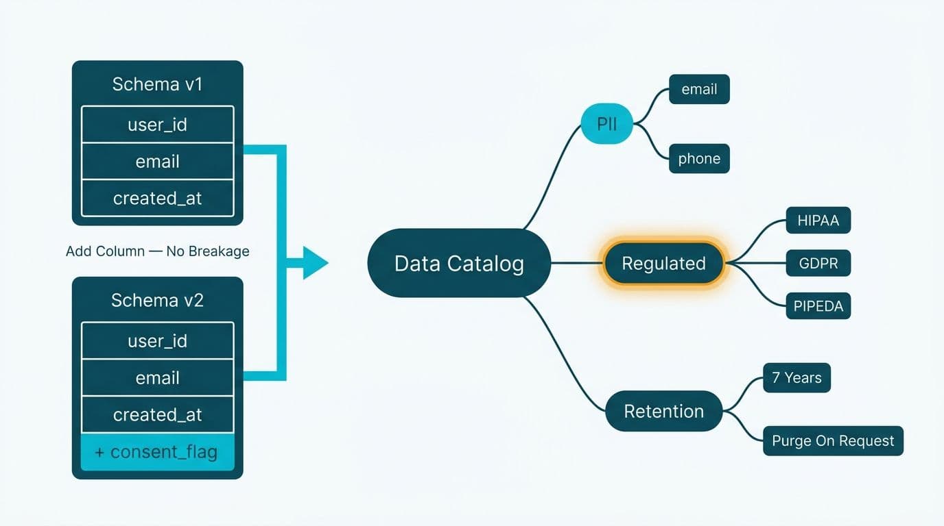 Schema v1-to-v2 evolution cards beside a governance tag tree branching into PII, HIPAA, GDPR, and PIPEDA compliance nodes