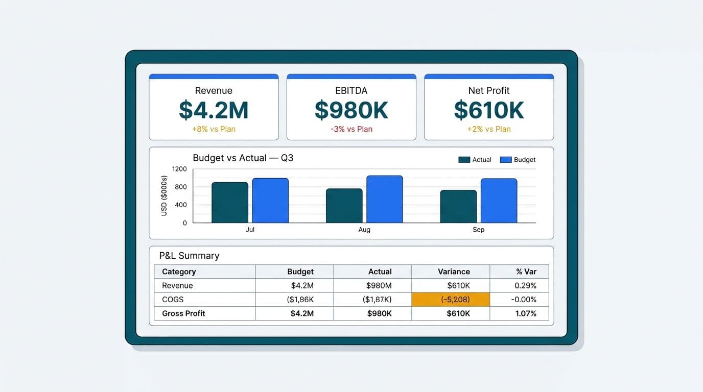 Mock Looker Studio finance dashboard showing KPI tiles, budget vs actual bar chart, and P&L summary grid