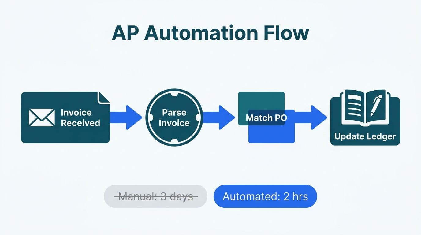 Four-step n8n workflow automating invoice receipt, parsing, PO matching, and ledger update