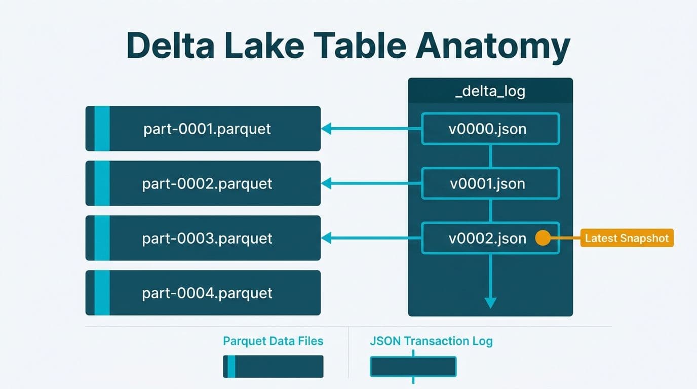 Delta Lake table anatomy showing Parquet data files linked to a JSON transaction log