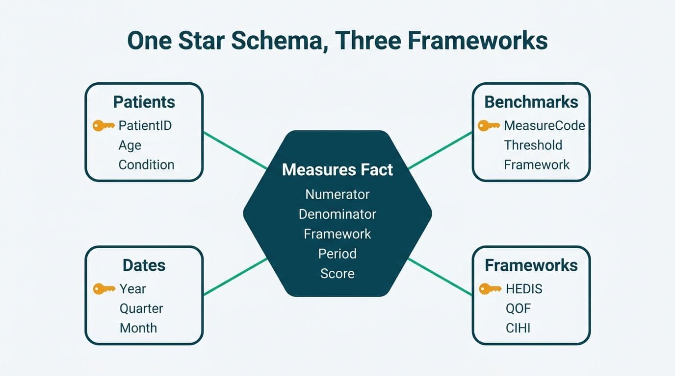 Star schema with Measures Fact center table connected to Patients, Benchmarks, Frameworks, and Dates dimension tables