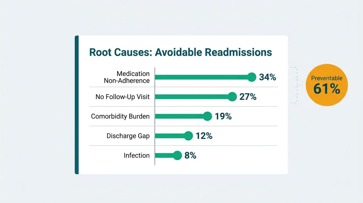 Lollipop chart breaking down avoidable hospital readmission root causes by percentage share, with preventable total highlighted