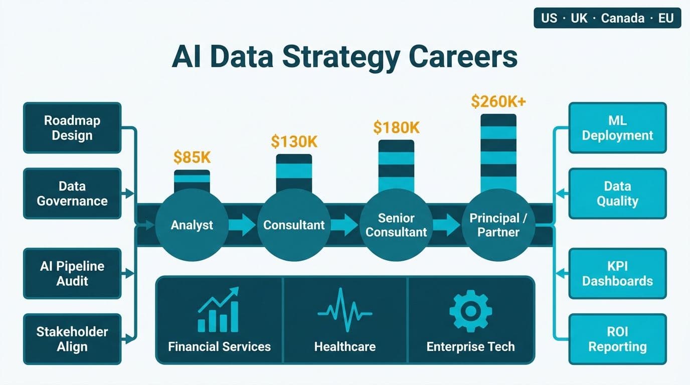 Career progression highway from Analyst to Principal with rising compensation bars and skill inputs across three industries