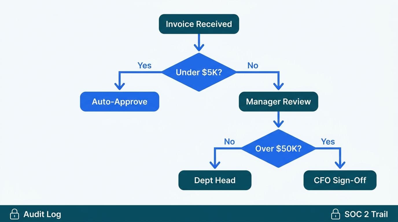 Rules-based approval routing decision tree branching by invoice value through manager, department head, and CFO approvers