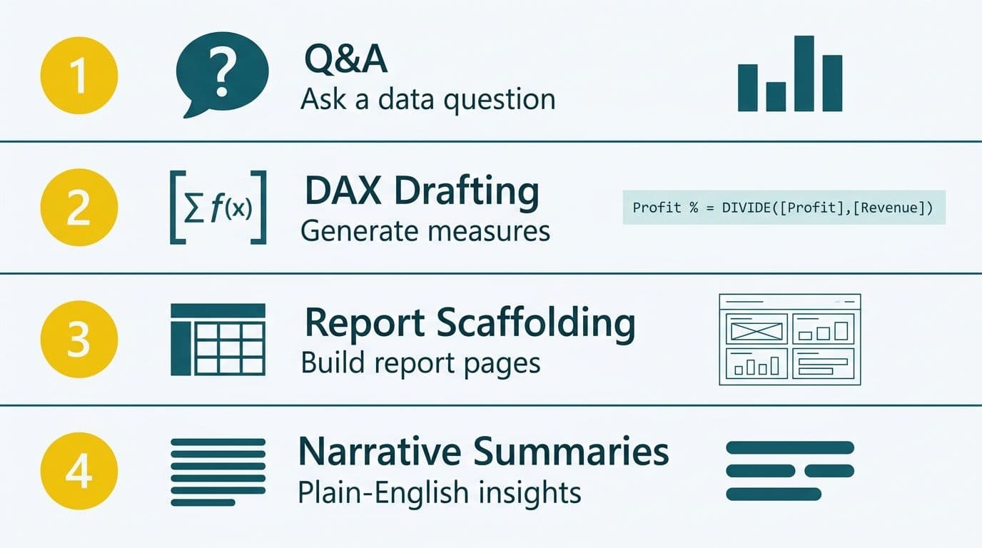 Four horizontal lanes listing Copilot capabilities: Q&A, DAX drafting, report scaffolding, and narrative summaries