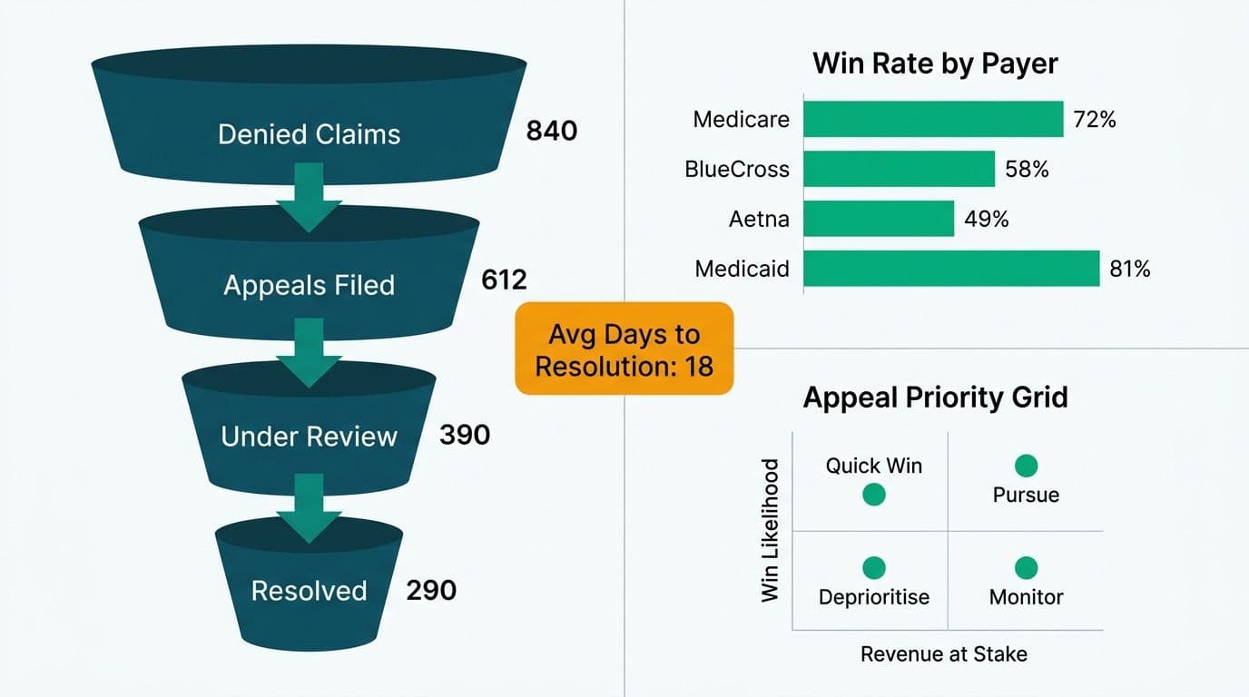 Appeals funnel showing denied claims narrowing through review stages alongside a payer win-rate bar chart and priority matrix