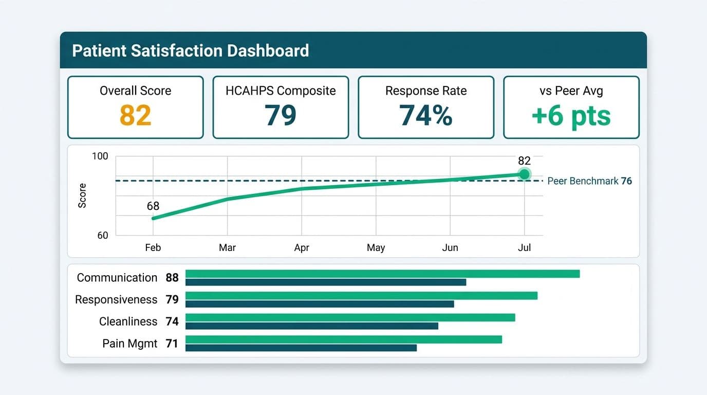 Hospital patient satisfaction dashboard showing KPI tiles, a rising score trend line, and four domain benchmark bars