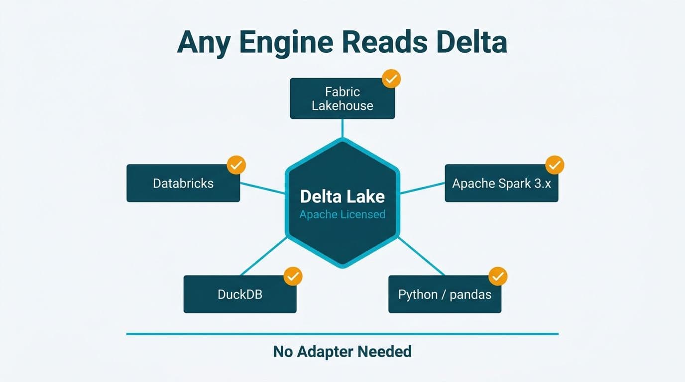 Delta Lake open format hub connected to Fabric, Databricks, Spark, Python, and DuckDB without adapters