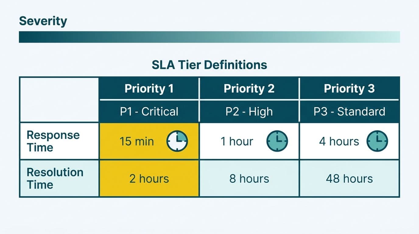 Three-column SLA tier table comparing response and resolution times for P1, P2, and P3 priority levels