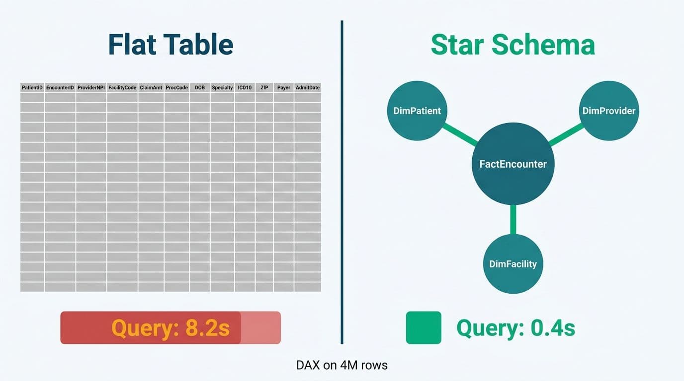 Side-by-side comparison of a wide flat healthcare table versus a compact star schema with fast query time