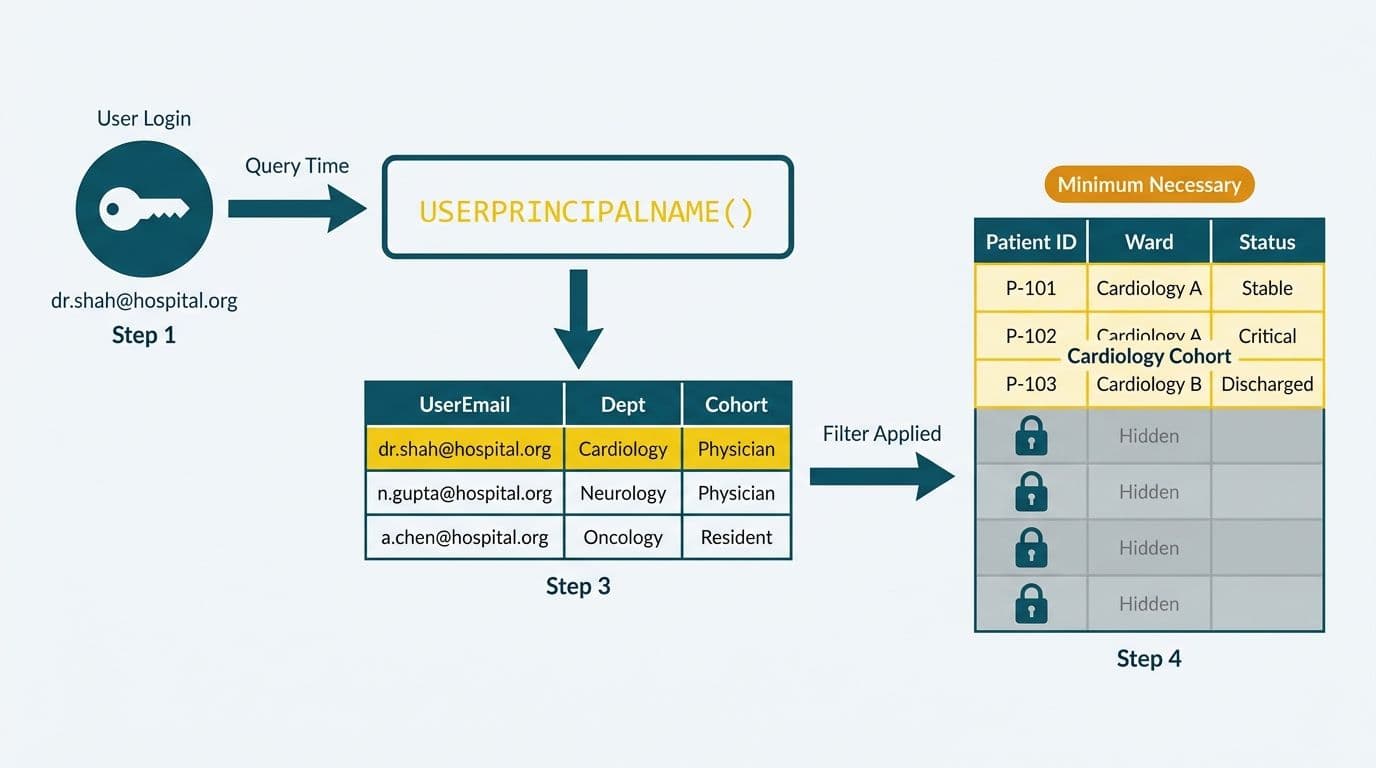 Four-step flow from user login through USERPRINCIPALNAME lookup to a filtered patient record table