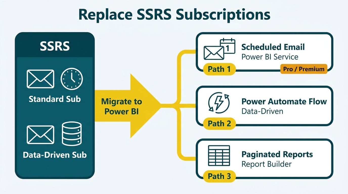SSRS subscription stack splitting into three Power BI delivery paths via a yellow migration arrow
