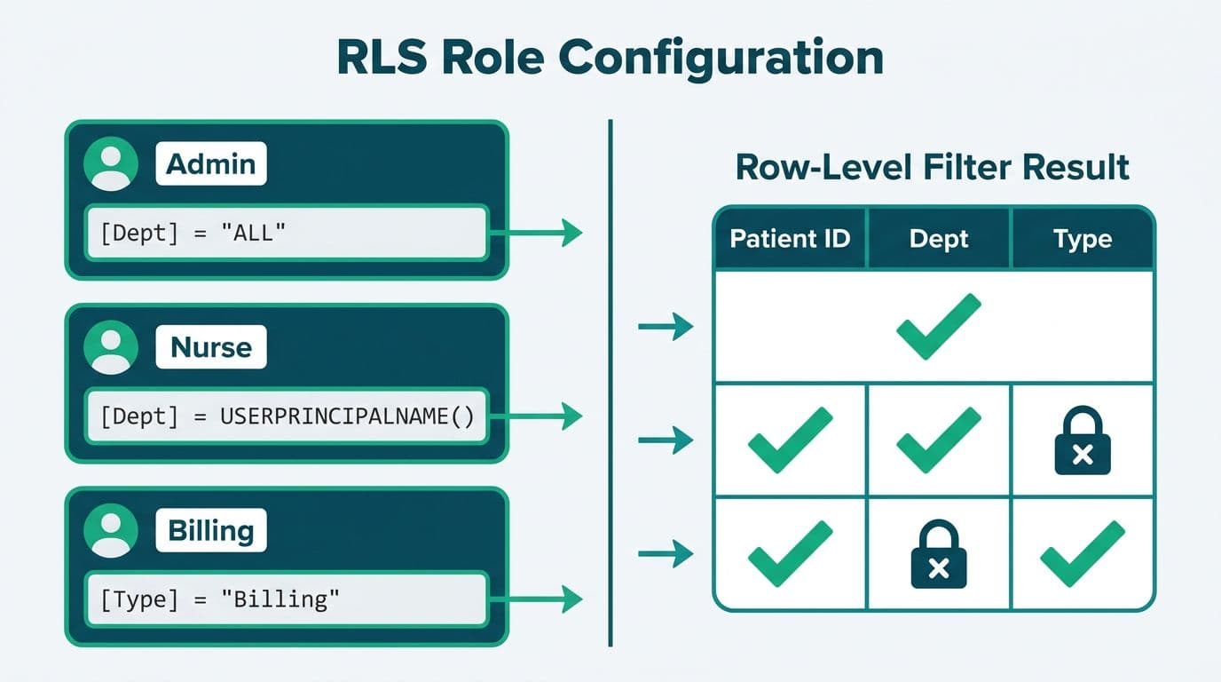 Three RLS role cards with DAX filter expressions mapping to filtered rows in a Power BI patient-data table