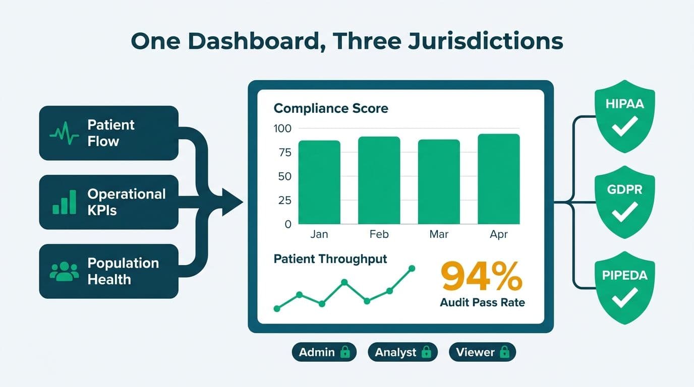 Single Looker Studio dashboard linking healthcare data sources to HIPAA, GDPR, and PIPEDA compliance shields