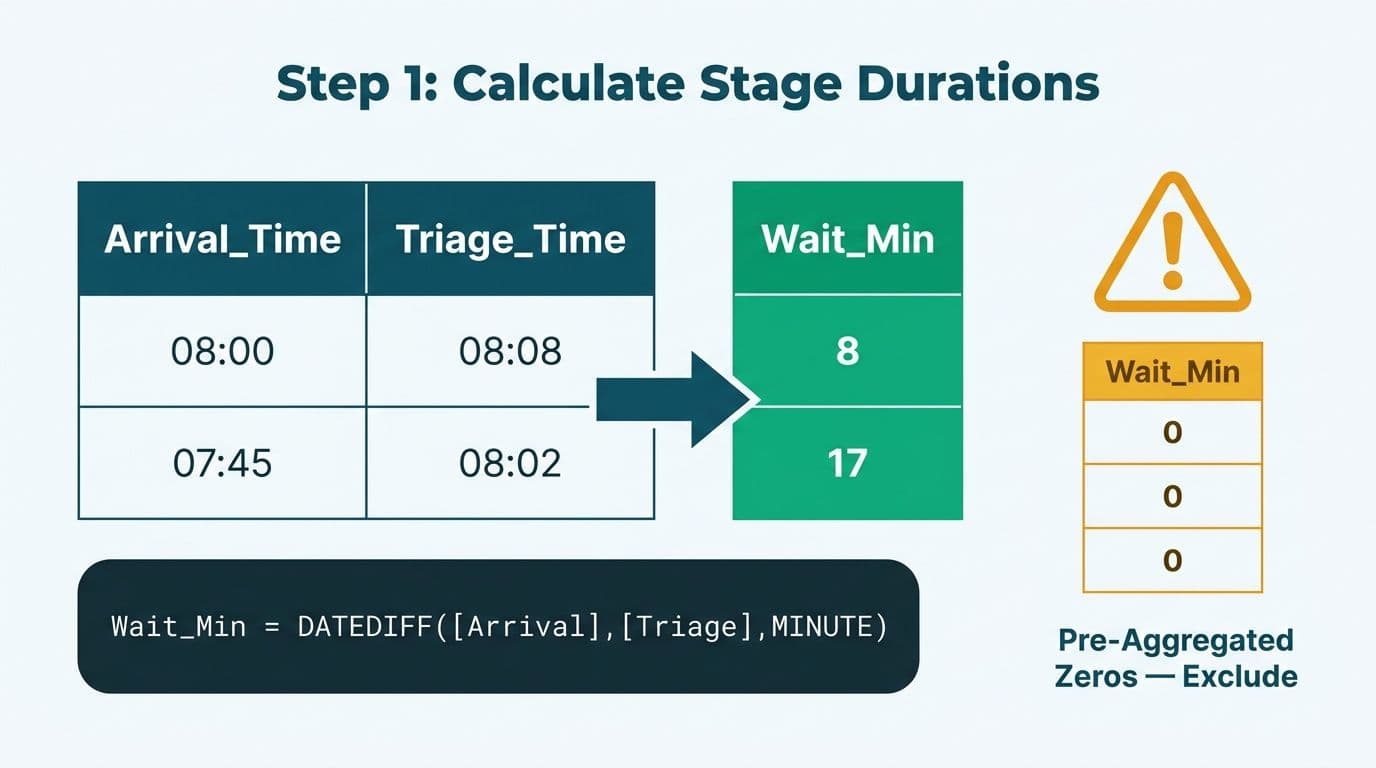 Power Query columns for arrival and triage timestamps with a DAX formula calculating patient wait minutes and a zero-value warning