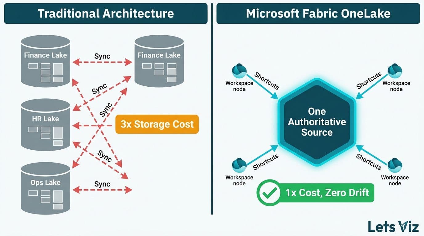Side-by-side comparison of three redundant traditional data lakes versus one unified OneLake with shortcut connections