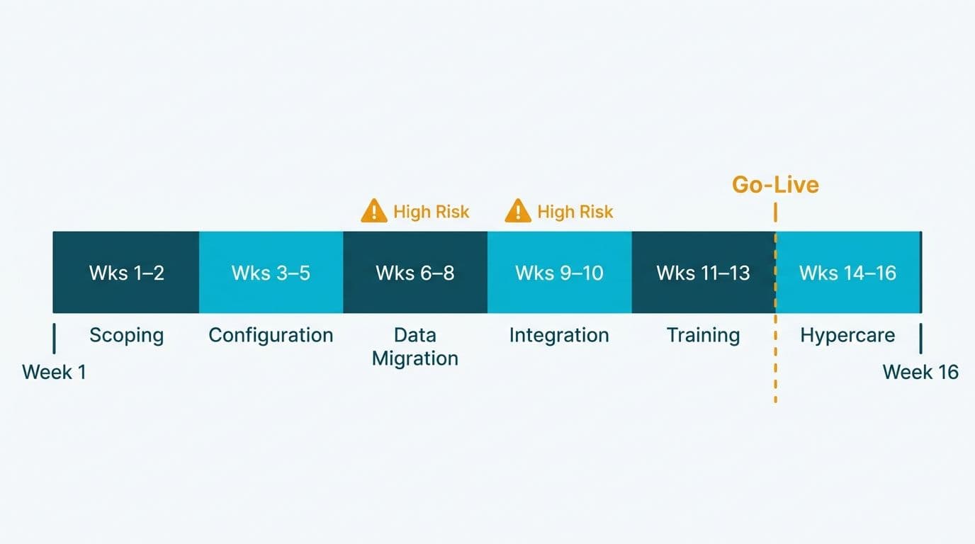 Gantt timeline of six Zoho One implementation phases with go-live marker and high-risk segment flags