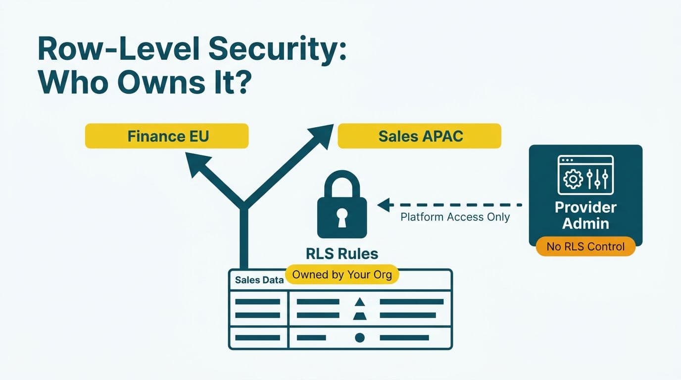Row-level security diagram with role badges locked to organisation ownership and provider admin restricted to platform-only access