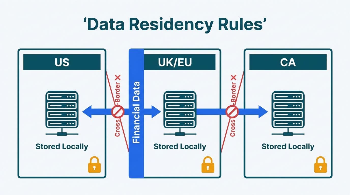 Geographic data residency diagram showing financial data routed to separate US, UK/EU, and CA jurisdiction zones with cross-border transfers blocked