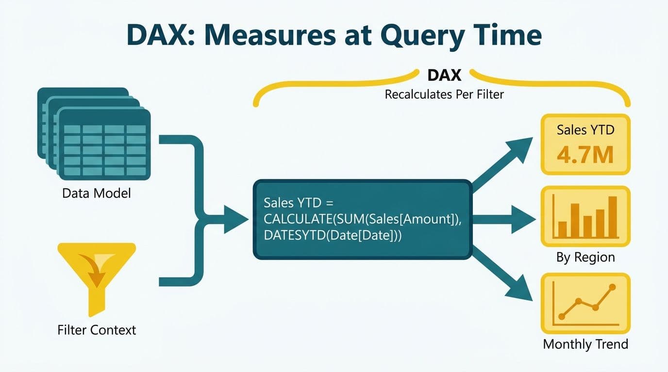 DAX CALCULATE formula receiving filter context from a data model and outputting a KPI value, regional bar chart, and monthly trend line
