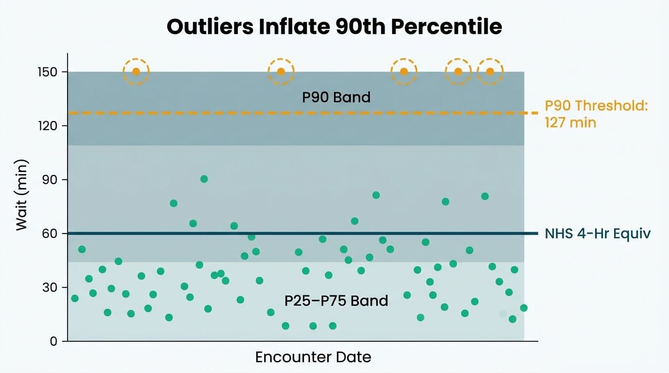 Scatter plot with percentile shading bands showing emerald patient encounters and amber outlier dots circled above the P90 threshold