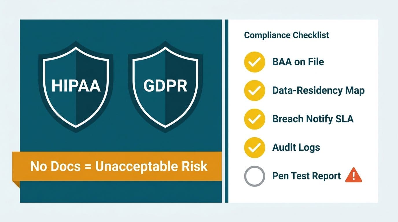 HIPAA and GDPR shields alongside a five-item compliance checklist with one gap flagged as missing