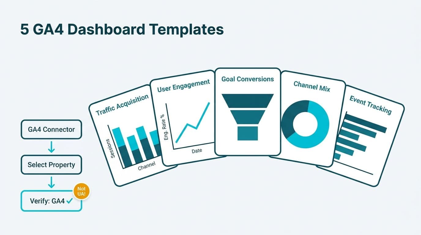 Five Looker Studio GA4 dashboard template cards fanned out, with a setup flow showing GA4 connector property verification