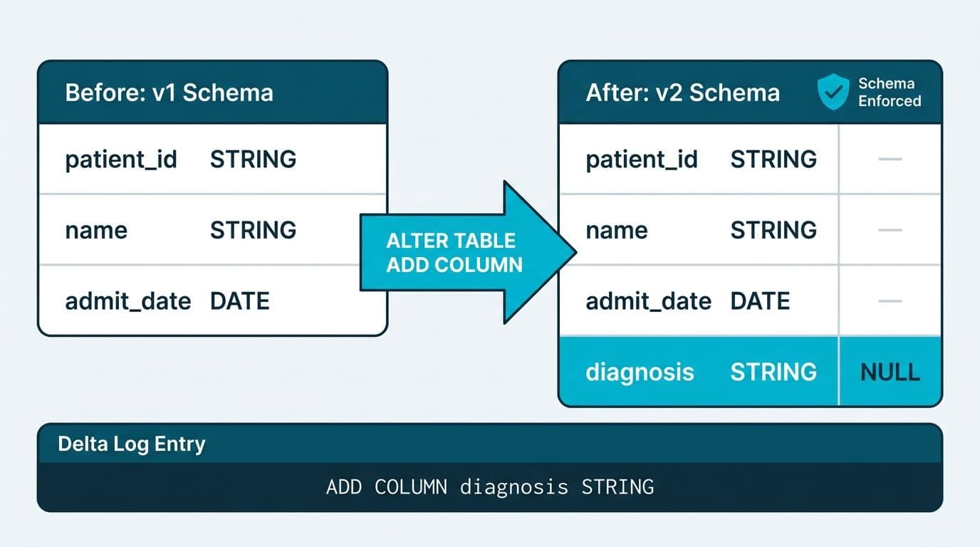 Before-and-after Delta schema cards showing ADD COLUMN operation with highlighted new column and Delta log entry