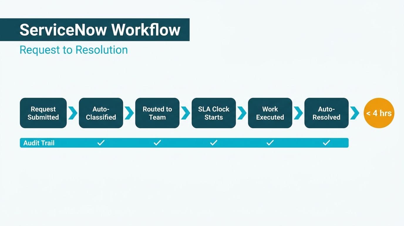 Six-step automated IT service workflow from request submission to auto-resolution with audit trail and SLA timer
