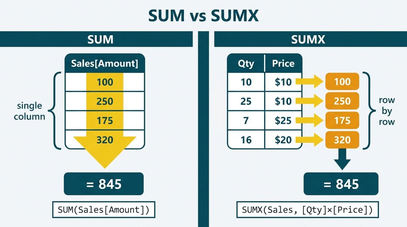 Split diagram contrasting SUM aggregating one column versus SUMX computing row-by-row expressions before summing
