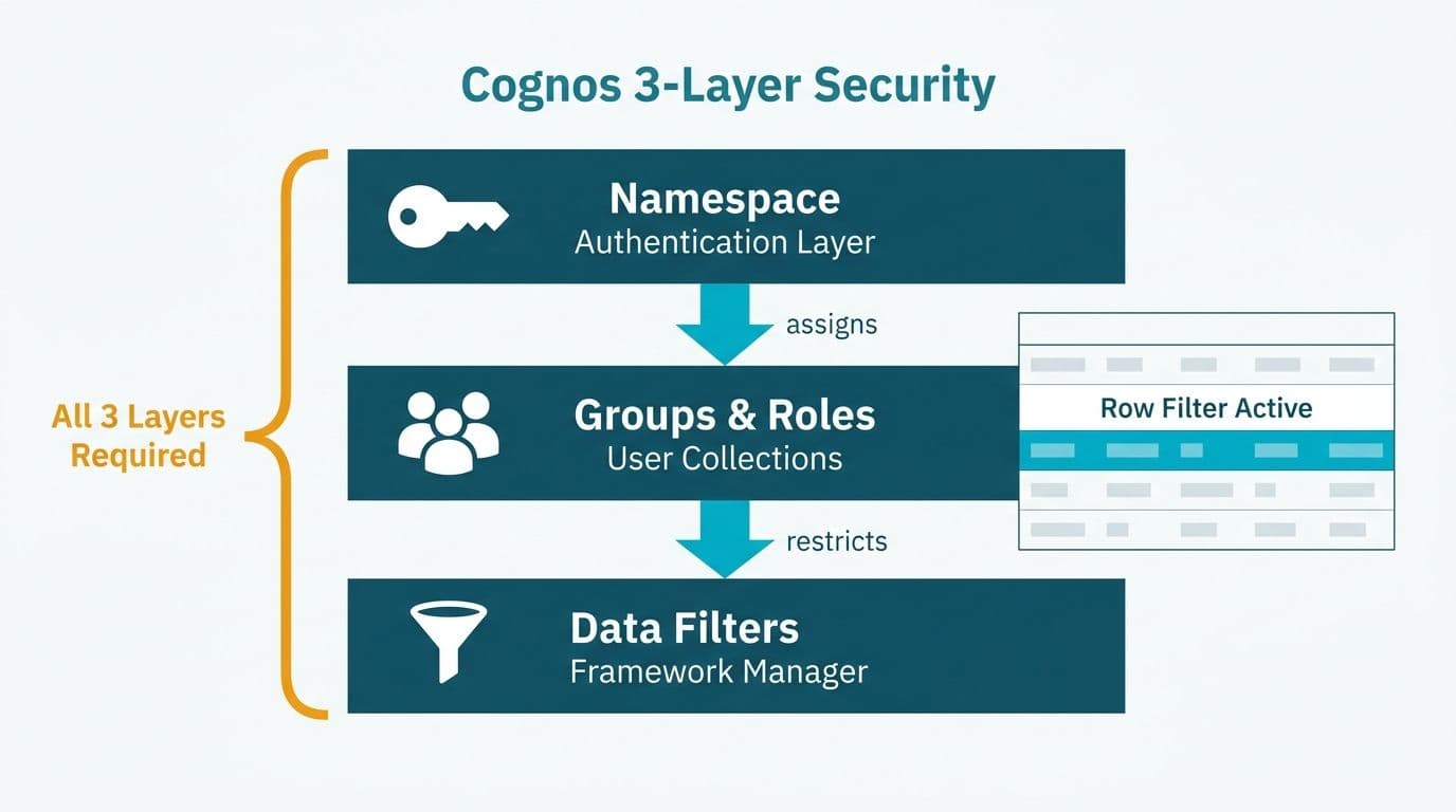 Vertical three-layer Cognos security stack showing namespace, group roles, and Framework Manager data filters
