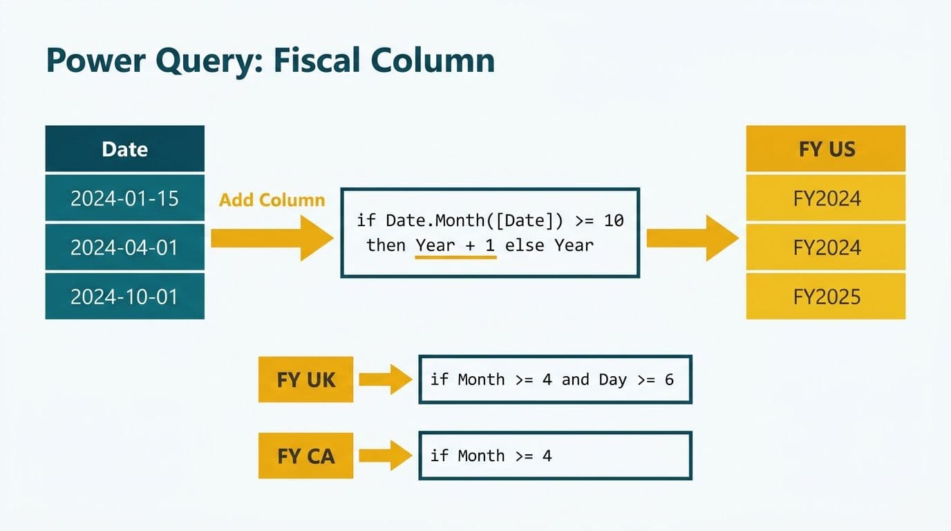 Power Query pipeline transforming a date column into three separate fiscal year columns using if-then logic