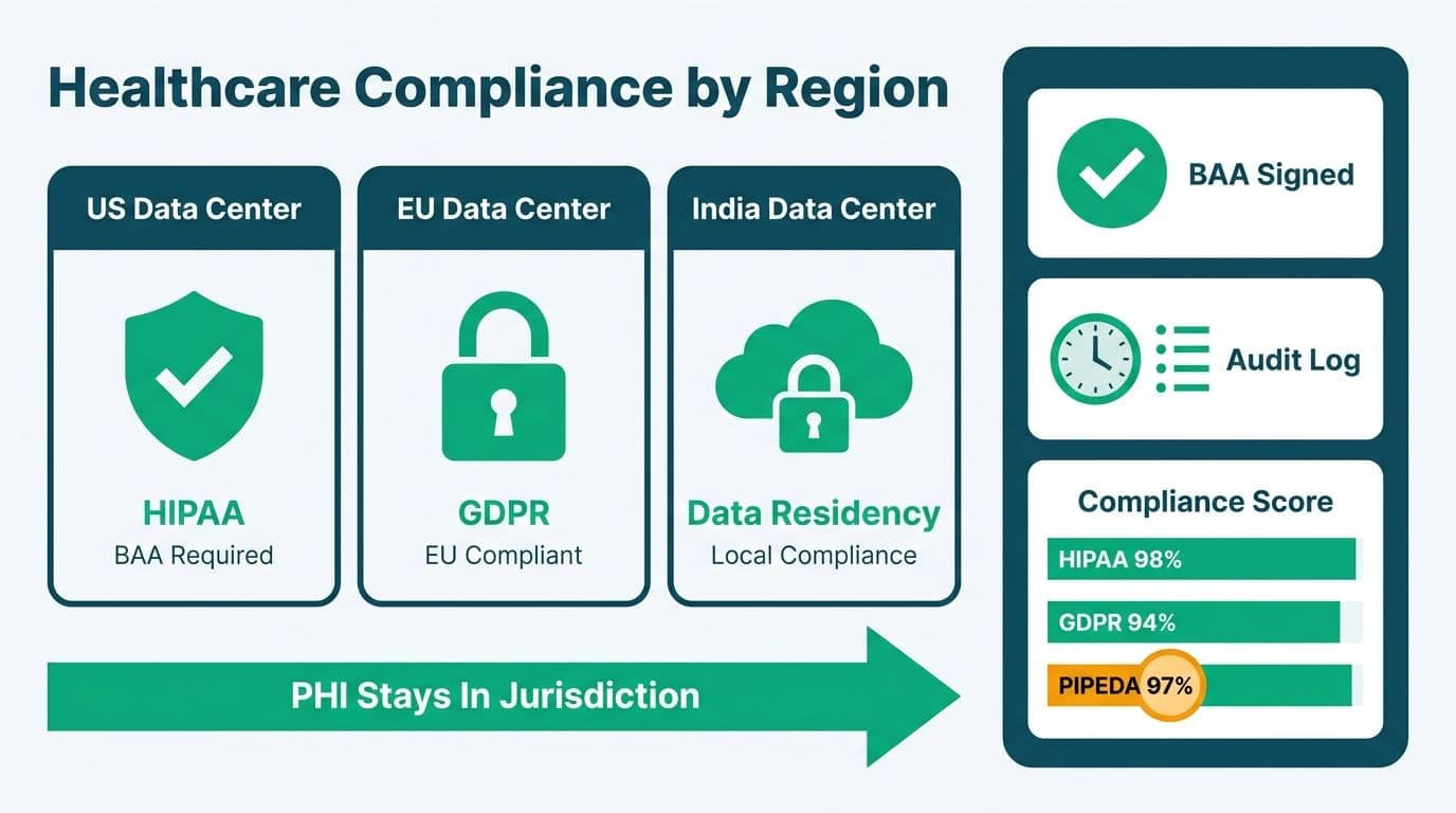 Three jurisdiction cards — US HIPAA, EU GDPR, India Data Residency — connected to a compliance dashboard showing BAA status, audit log, and scores