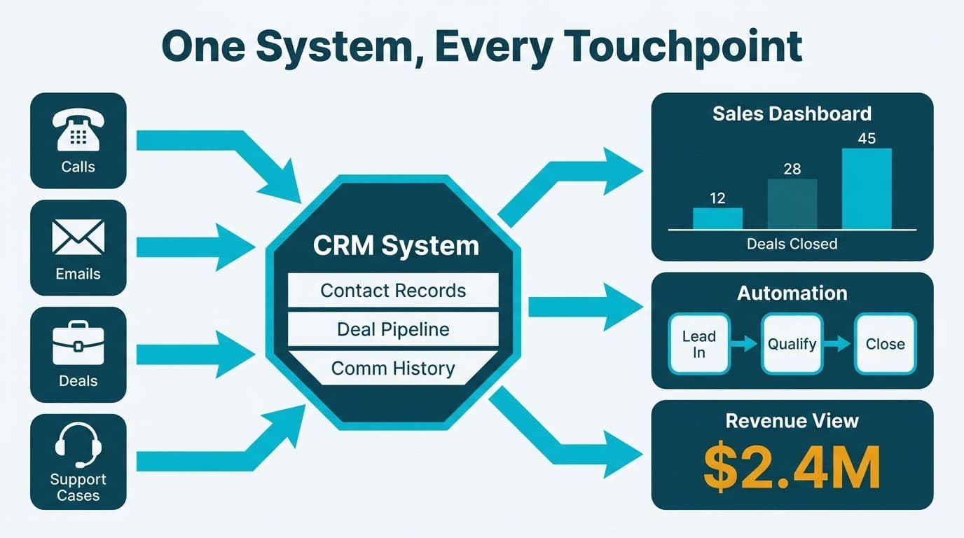 Input channels feeding a central CRM hub with contact records and deal pipeline, outputting dashboards and revenue KPIs