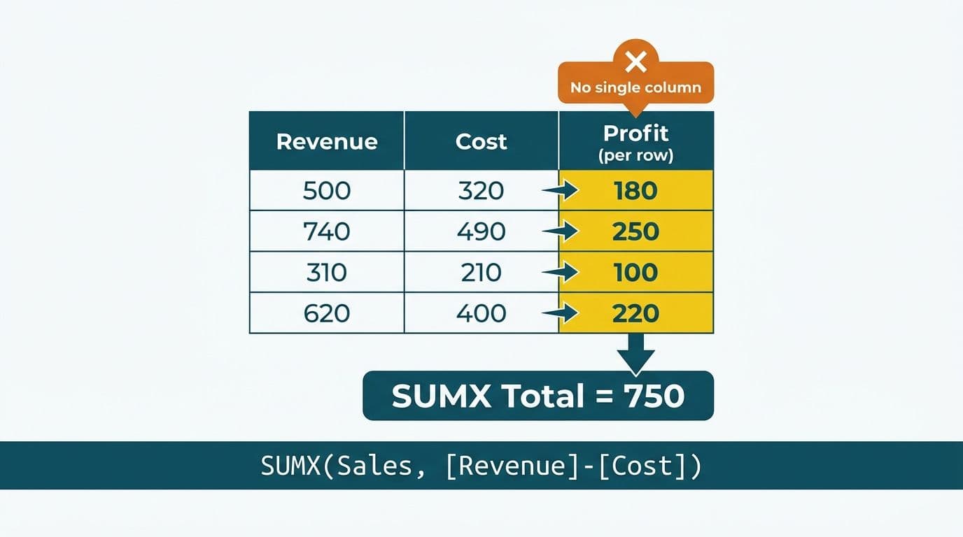Three-column table showing per-row profit calculation with arrows feeding into a SUMX total block