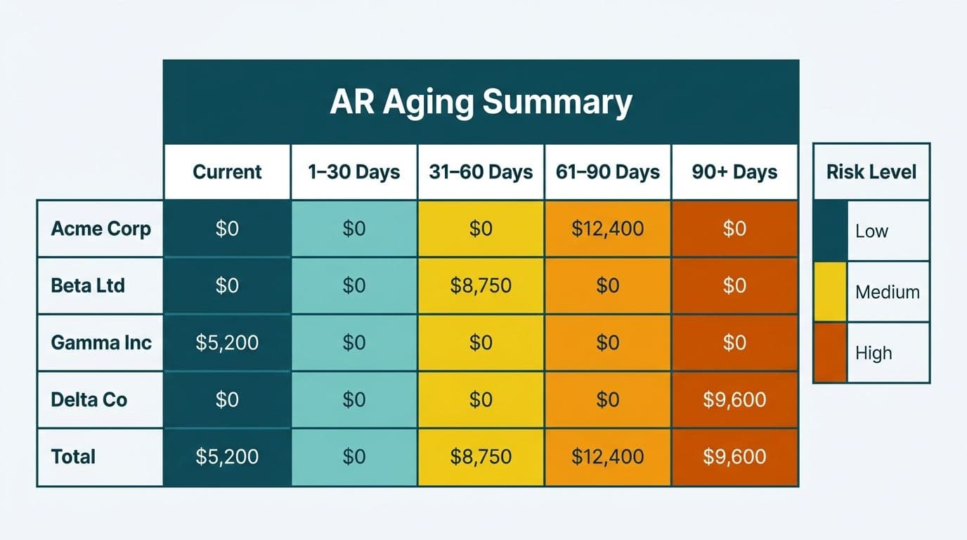 Customer AR aging matrix with heat-map cells colored from teal to amber across five time buckets