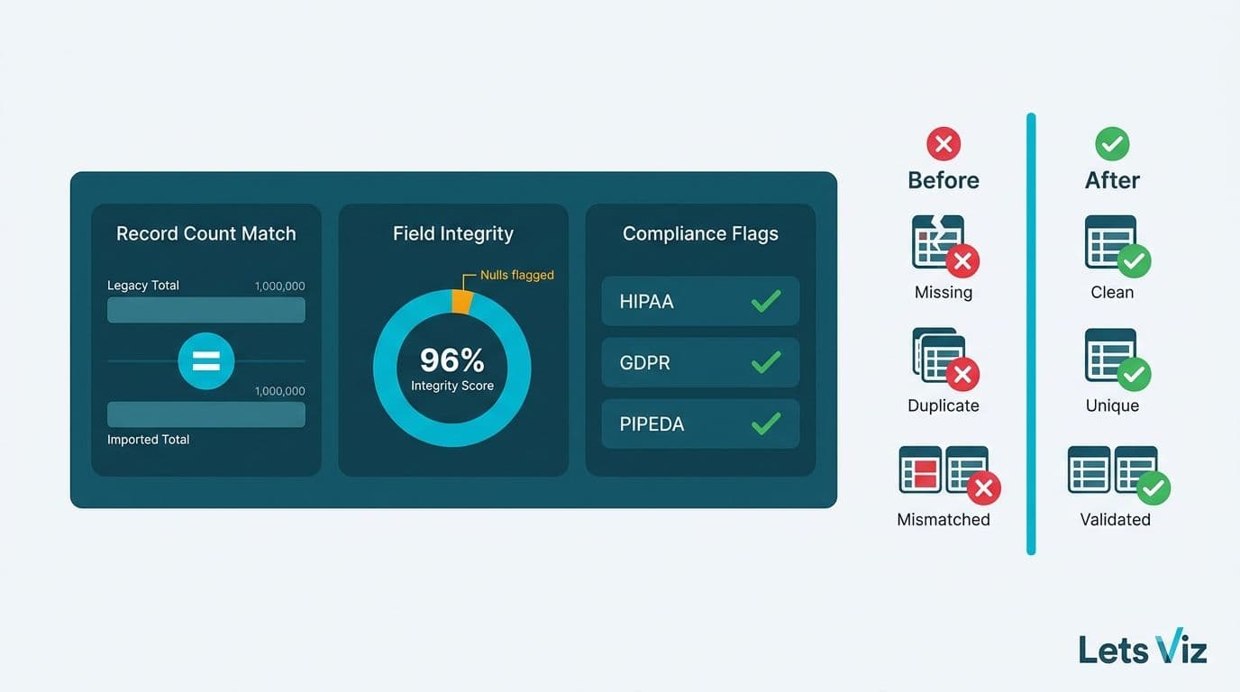 Post-migration validation dashboard showing record count match, field integrity, and compliance checks