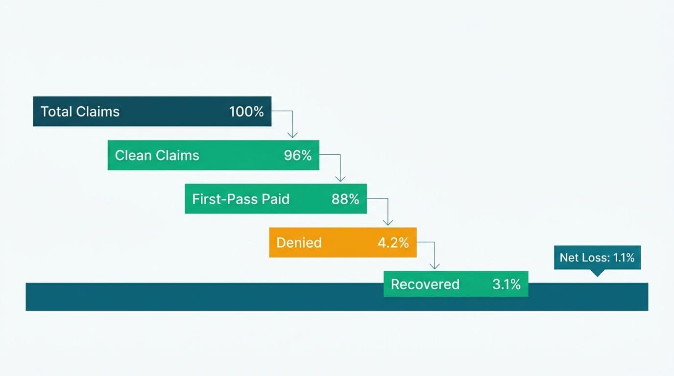 Waterfall funnel showing claims flow from submission through denials to recovered and net loss percentages