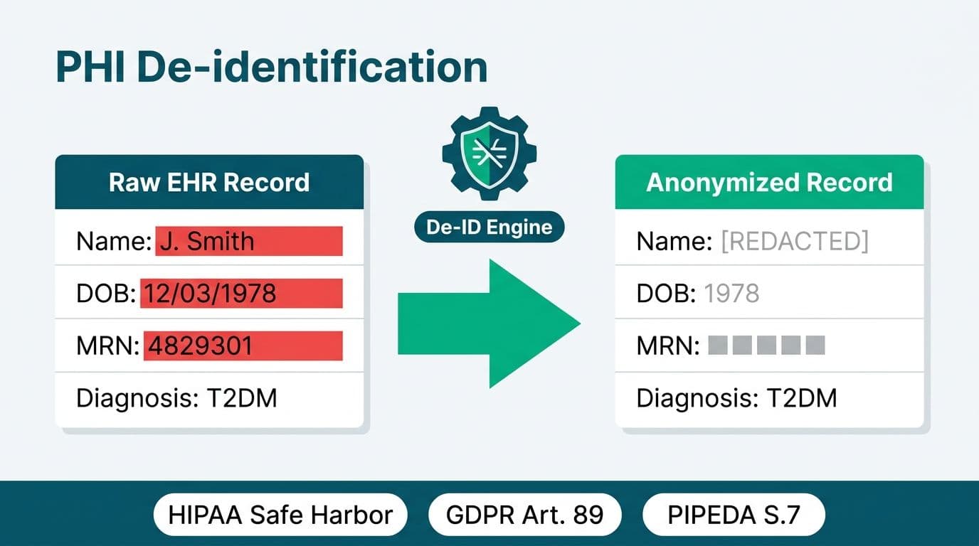 Before-and-after patient record showing PHI fields redacted by a de-identification engine before analytics