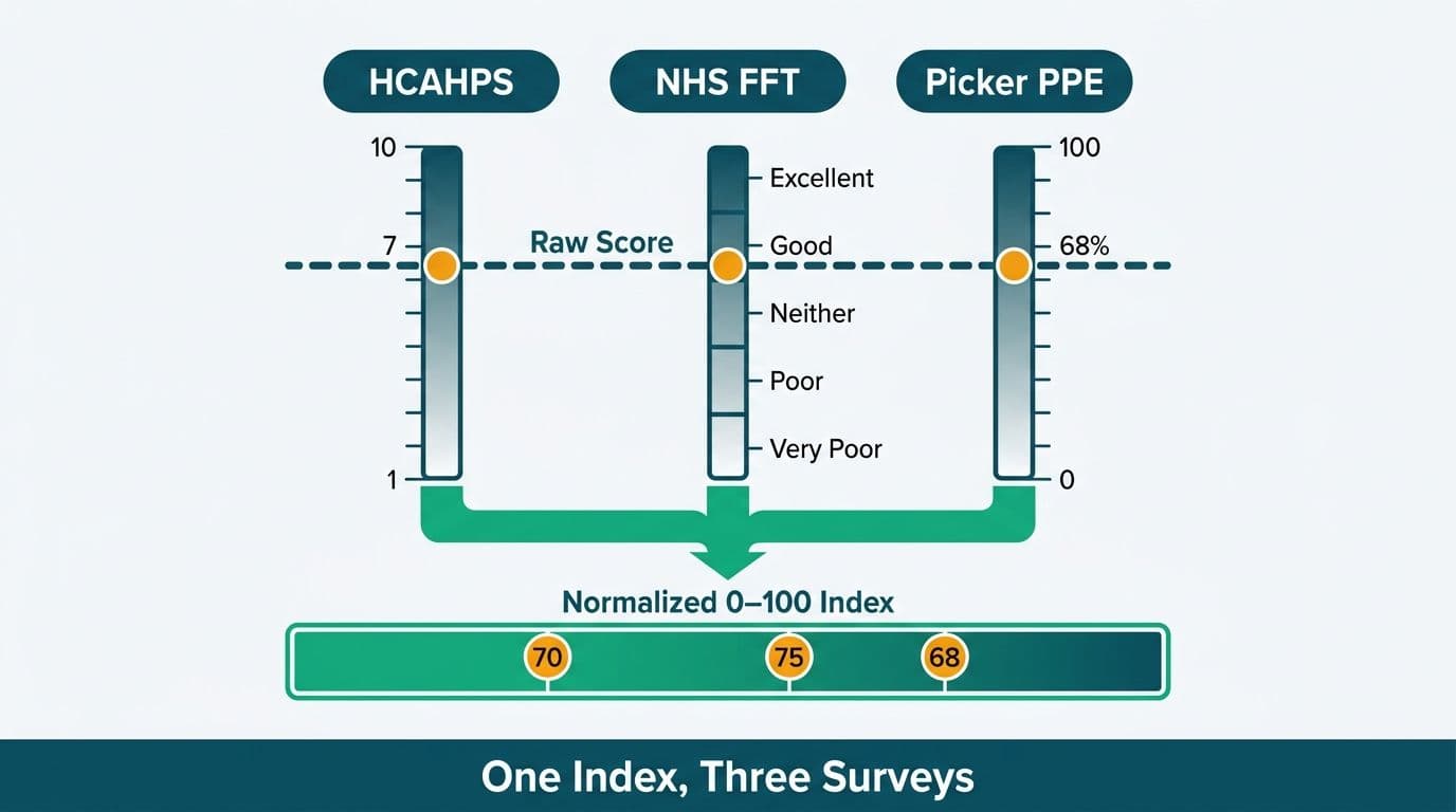 HCAHPS, NHS FFT, and Picker survey scales mapped side-by-side onto a single normalized 0-to-100 index bar