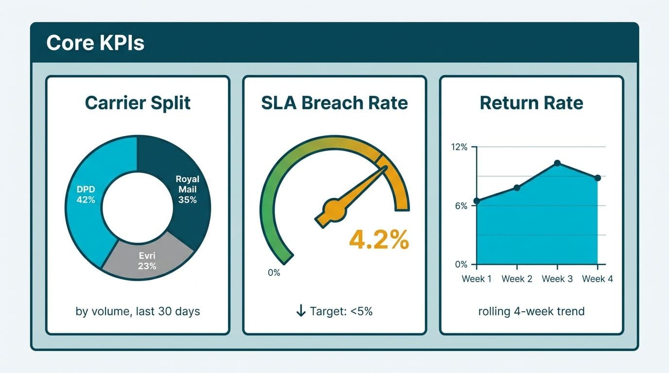 Three ecommerce KPI cards showing carrier split donut, SLA breach rate gauge at 4.2%, and return rate sparkline