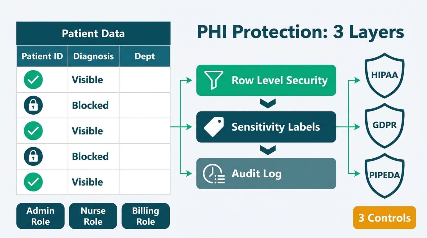 Three stacked security layers — RLS, Sensitivity Labels, Audit Log — filtering a Power BI patient-data table, with HIPAA, GDPR, and PIPEDA compliance shields on the right