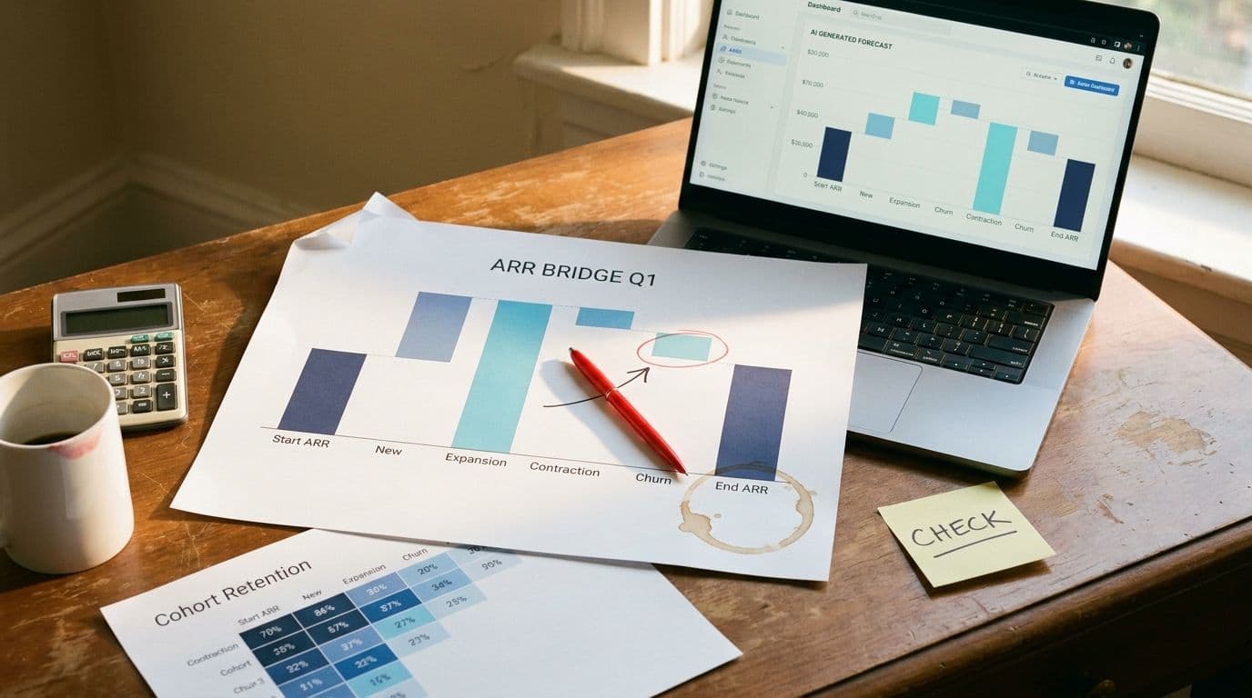 A printed ARR bridge chart for Q1 with a red pen pointing at the Churn bar, next to a laptop showing an AI-generated version with slightly different segments