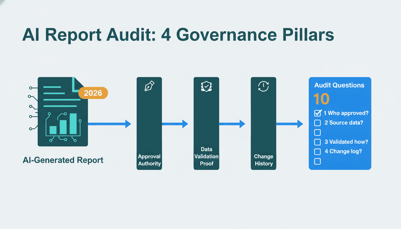 Four teal governance pillars linking an AI-generated report document to a 10-question audit checklist