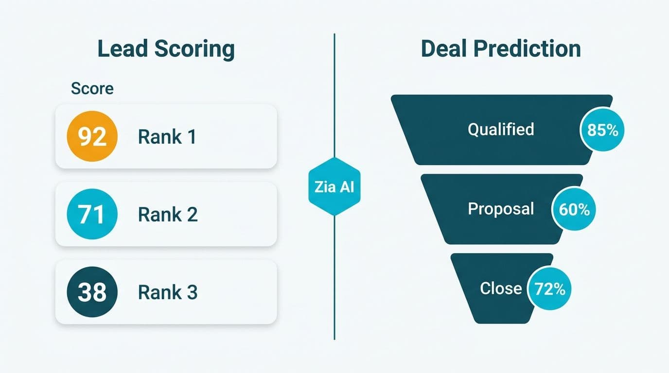 Ranked lead score badges beside a three-stage deal prediction funnel with Zia AI probability percentages