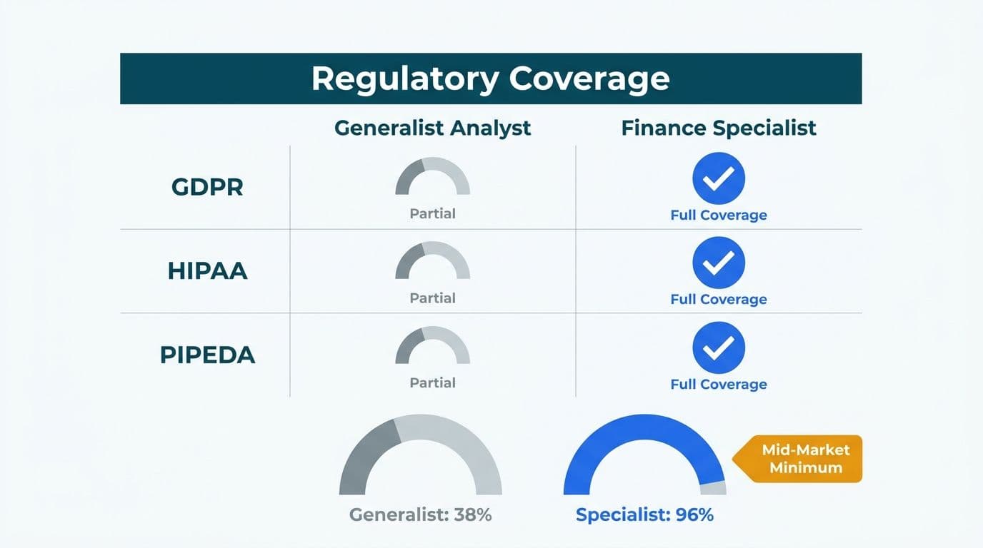 Compliance matrix showing GDPR, HIPAA, and PIPEDA coverage depth for generalist analysts versus finance specialists