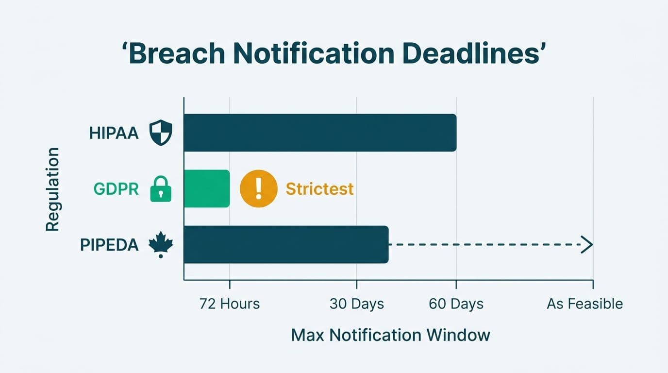 Horizontal bar chart comparing HIPAA 60-day, GDPR 72-hour, and PIPEDA open-ended breach notification deadlines