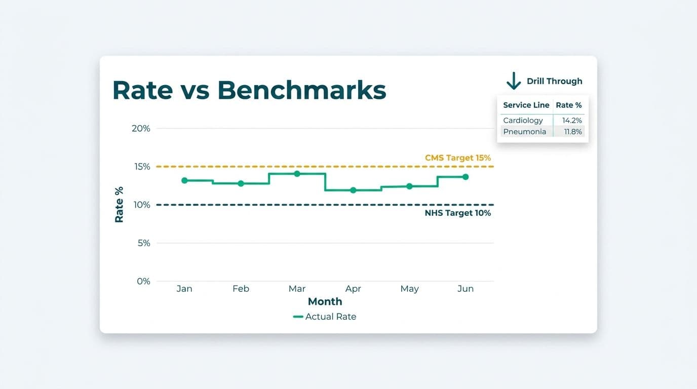 Line chart comparing monthly hospital readmission rates against CMS and NHS benchmark reference lines