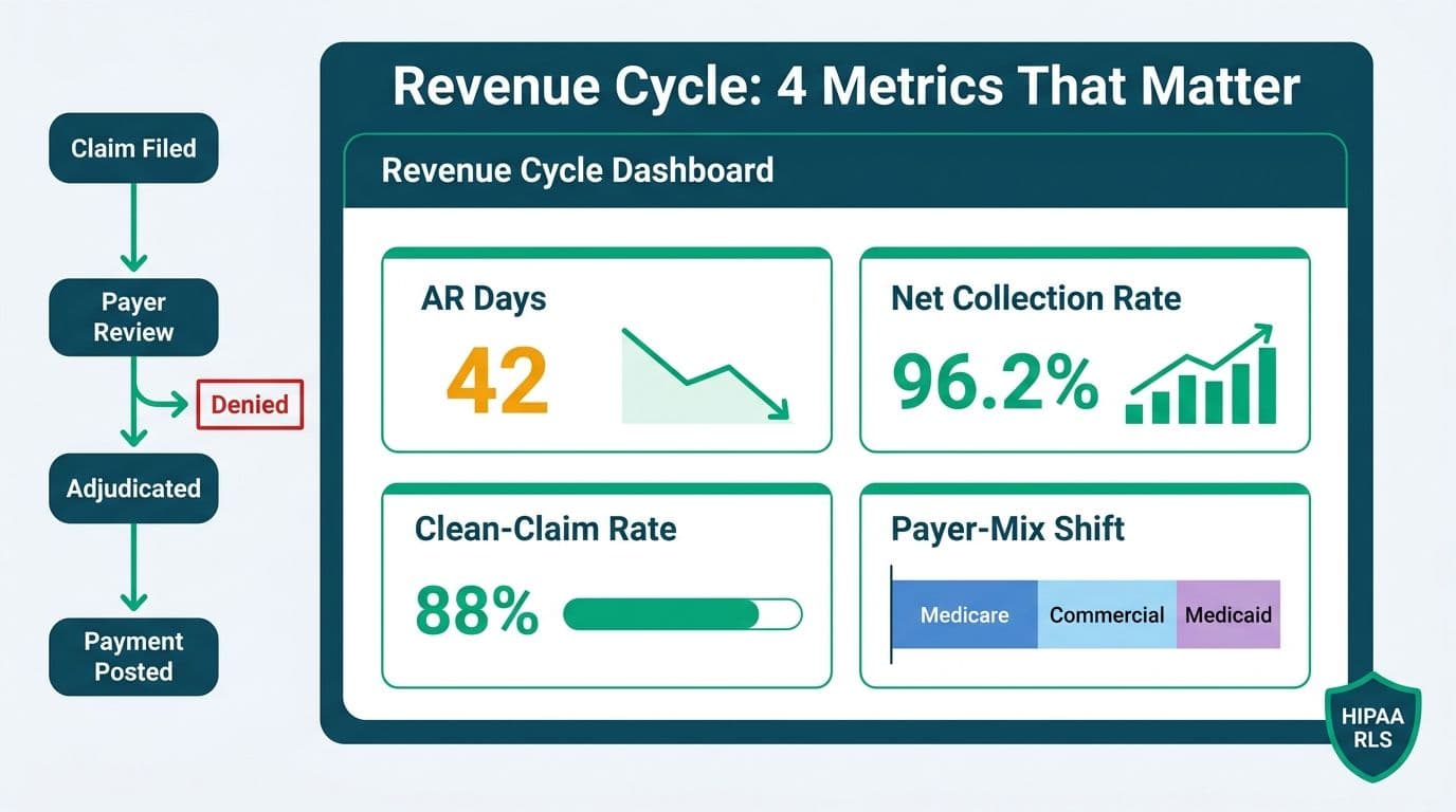 Healthcare revenue cycle dashboard showing AR days, collection rate, clean-claim rate, and payer-mix KPI cards alongside a claims-to-payment pipeline