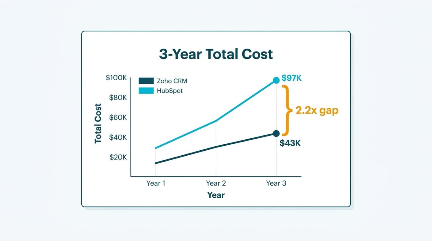 Line chart showing Zoho CRM three-year cost reaching $43K versus HubSpot at $97K, with a 2.2x gap callout